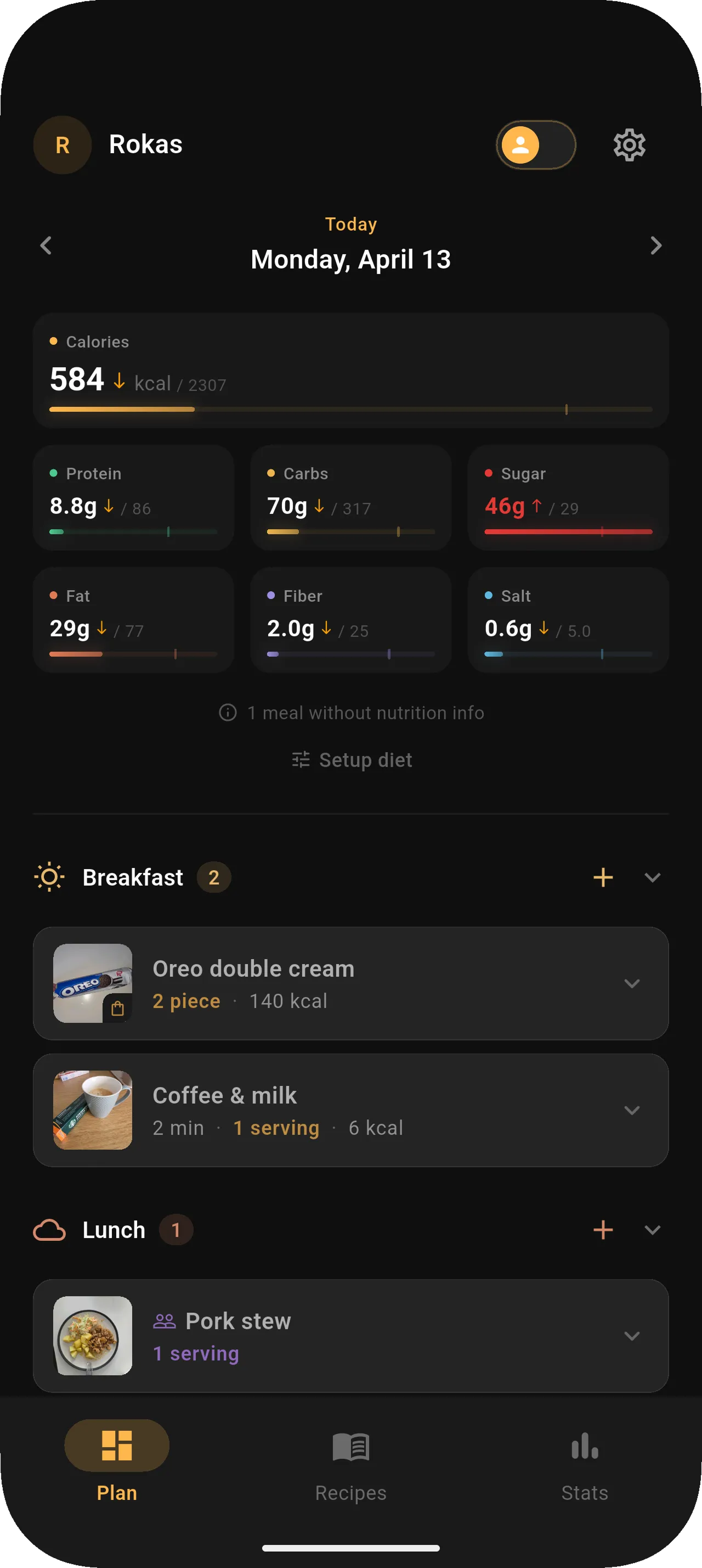 Forkplate daily meal plan with nutrition tracking — calories, protein, carbs, fat, and more