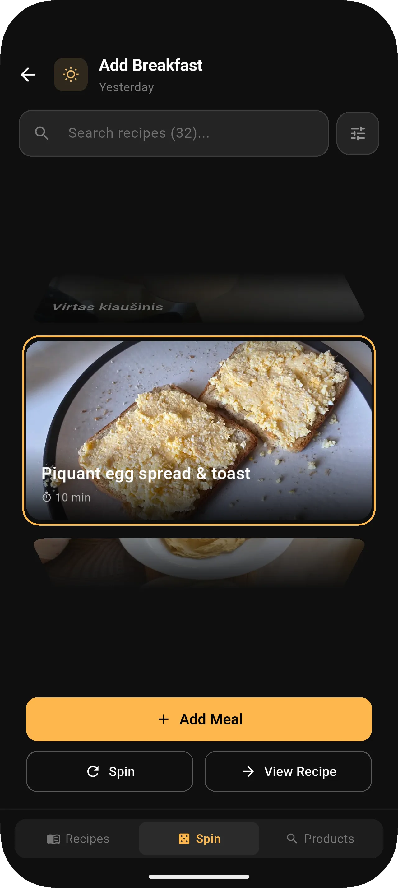 Forkplate recipe spinner — spin for a random recipe suggestion from your collection